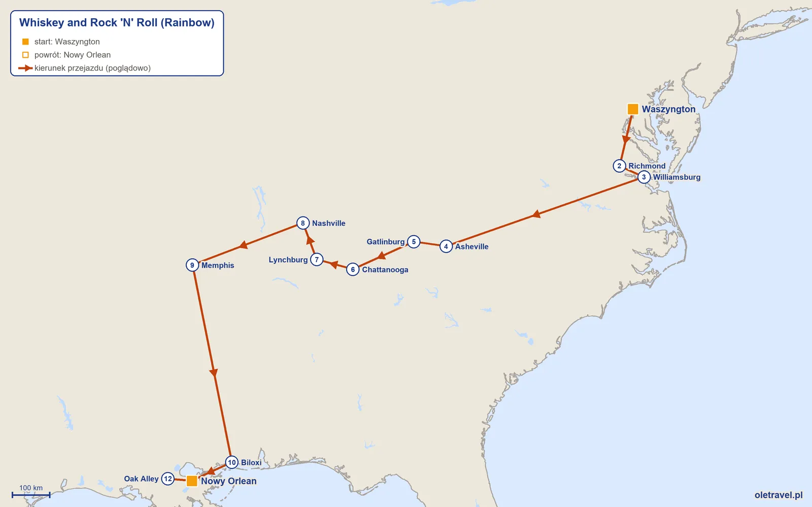 Mapa trasy wycieczki „Whiskey and Rock 'N' Roll” z Rainbow: Waszyngton – Richmond – Williamsburg – Asheville – Gatlinburg – Chattanooga – Lynchburg – Nashville – Memphis – Biloxi – Nowy Orlean – Oak Alley – Nowy Orlean
