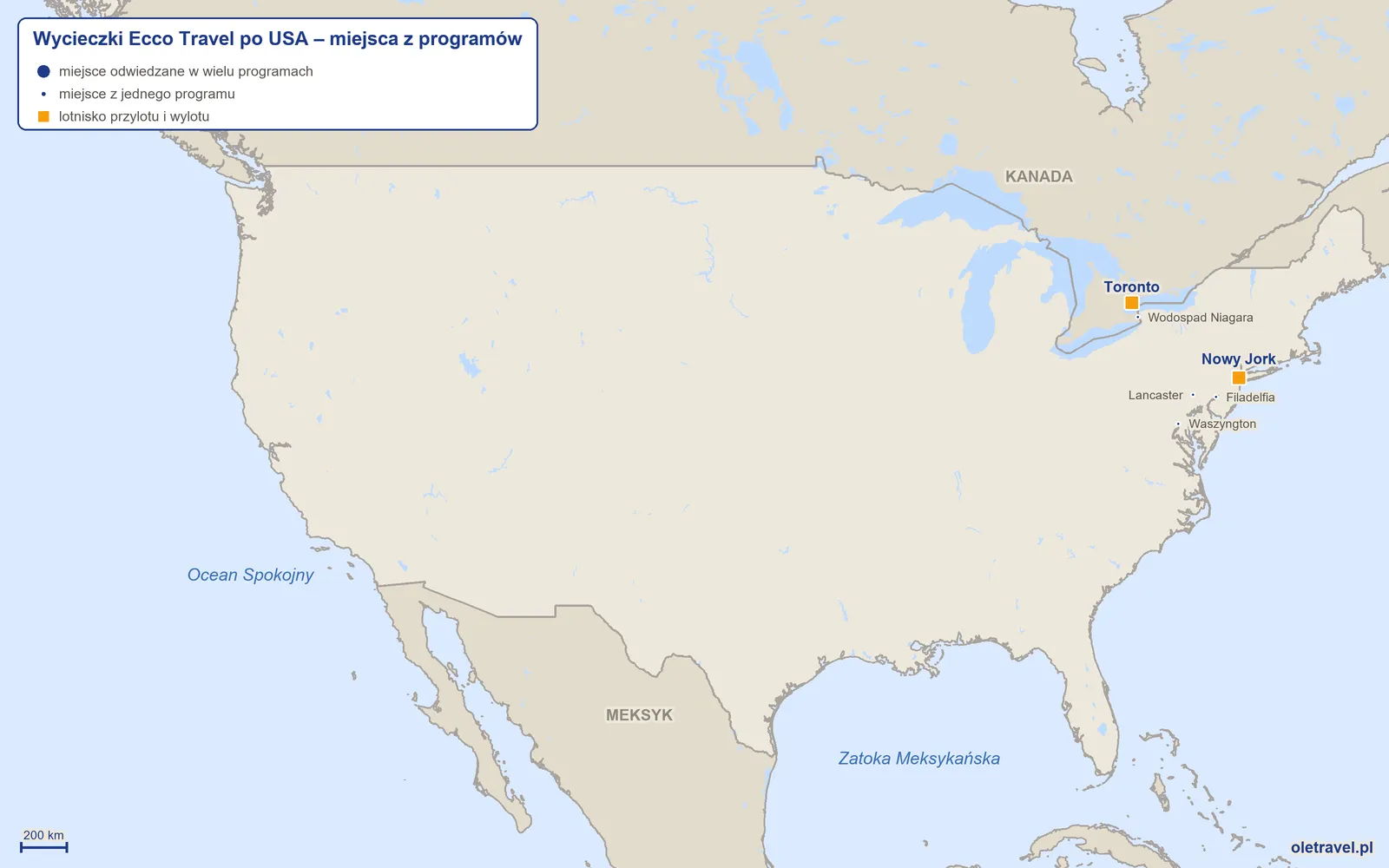 Mapa: USA z miejscami z programów wycieczek objazdowych Ecco Travel