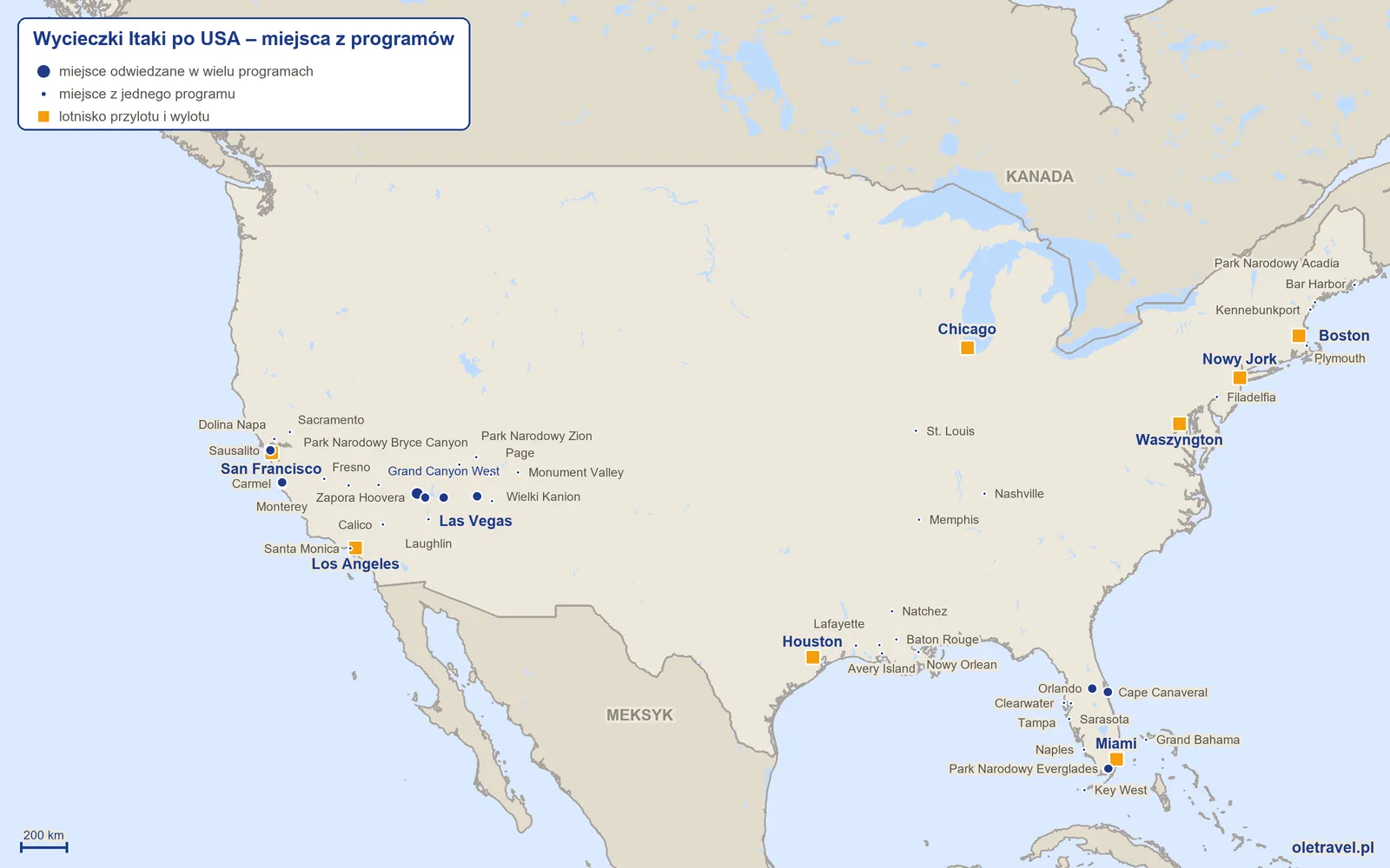 Mapa: USA z miejscami z programów wycieczek objazdowych Itaki
