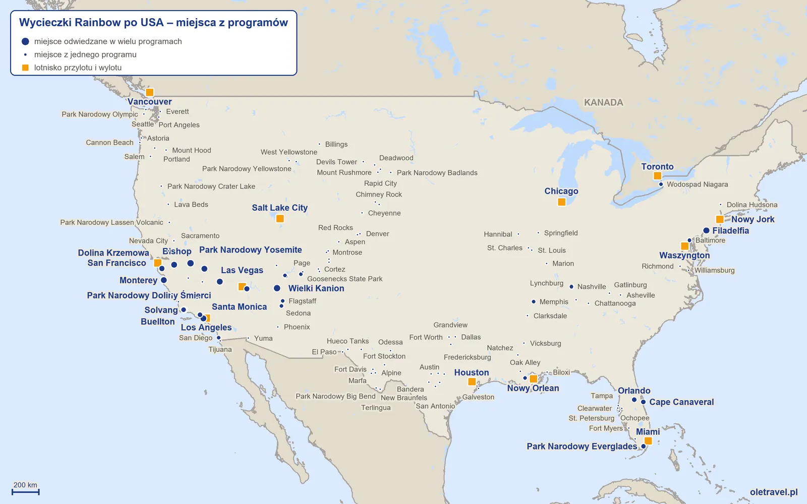 Mapa: USA z miejscami z programów wycieczek objazdowych Rainbow