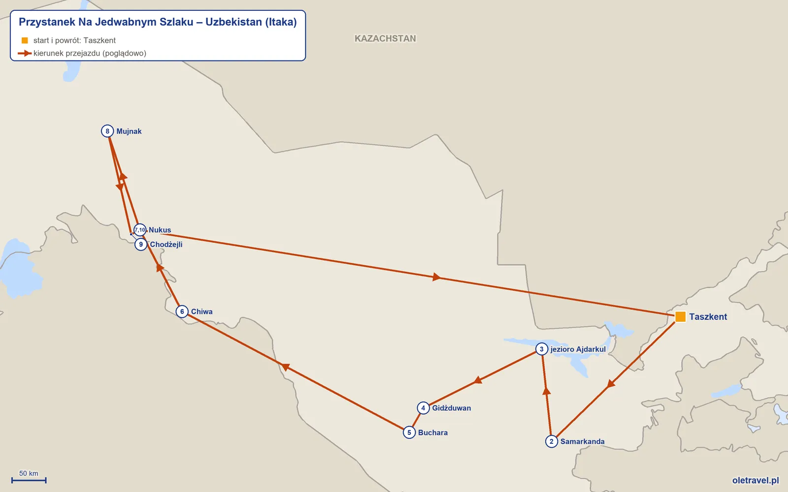 Mapa trasy wycieczki „Przystanek Na Jedwabnym Szlaku – Uzbekistan” z Itaką: Taszkent – Samarkanda – jezioro Ajdarkul – Gidżduwan – Buchara – Chiwa – Nukus – Mujnak – Chodżejli – Nukus – Taszkent