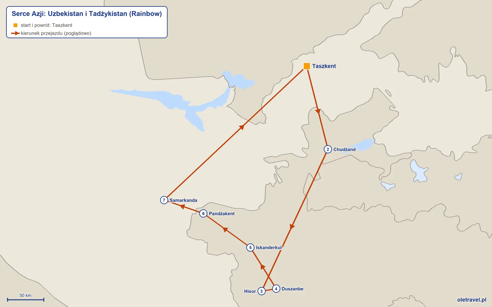 Mapa trasy wycieczki „Serce Azji: Uzbekistan i Tadżykistan” z Rainbow: Taszkent – Chudżand – Hisor – Duszanbe – Iskanderkul – Pandżakent – Samarkanda – Taszkent
