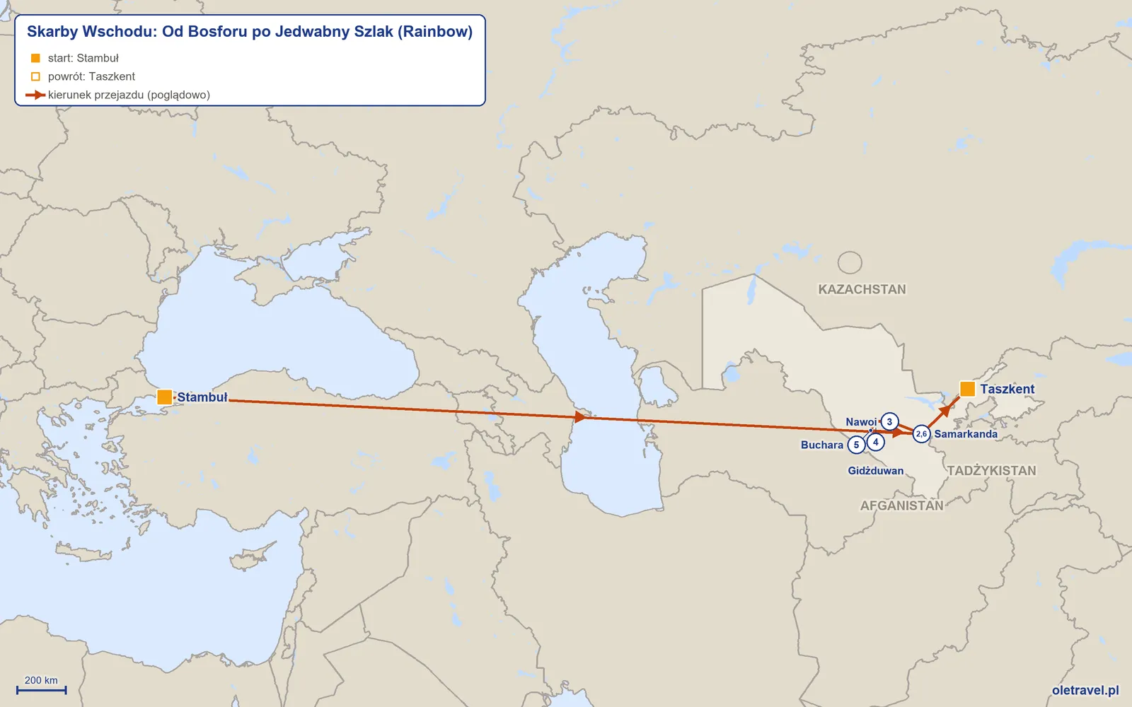 Mapa trasy wycieczki „Skarby Wschodu: Od Bosforu po Jedwabny Szlak” z Rainbow: Stambuł – Samarkanda – Nawoi – Gidżduwan – Buchara – Samarkanda – Taszkent