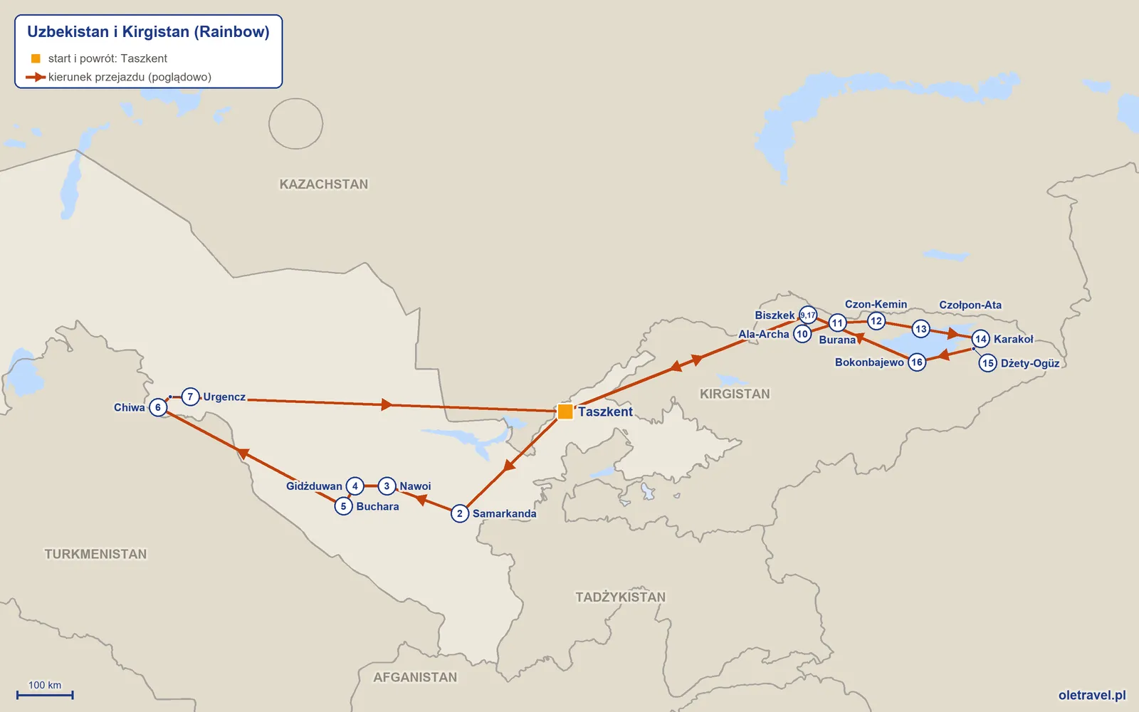 Mapa trasy wycieczki „Uzbekistan i Kirgistan” z Rainbow: Taszkent – Samarkanda – Nawoi – Gidżduwan – Buchara – Chiwa – Urgencz – Taszkent – Biszkek – Ala-Archa – Burana – Czon-Kemin – Czołpon-Ata – Karakoł – Dżety-Ogüz – Bokonbajewo – Biszkek – Taszkent