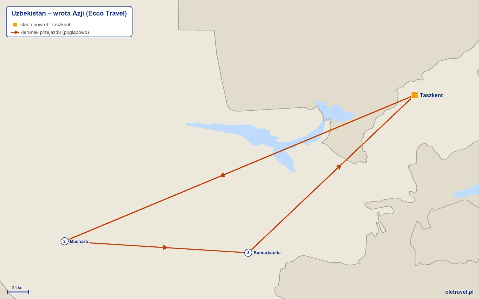 Mapa trasy wycieczki „Uzbekistan – wrota Azji” z Ecco Travel: Taszkent – Buchara – Samarkanda – Taszkent