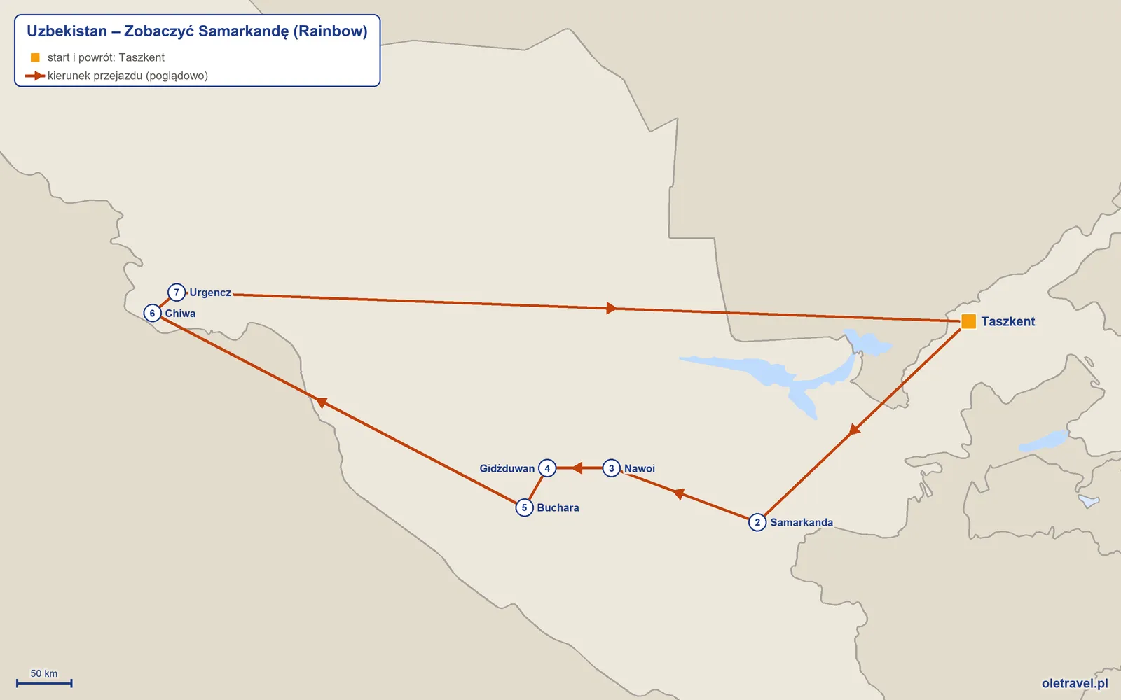 Mapa trasy wycieczki „Uzbekistan – Zobaczyć Samarkandę” z Rainbow: Taszkent – Samarkanda – Nawoi – Gidżduwan – Buchara – Chiwa – Urgencz – Taszkent