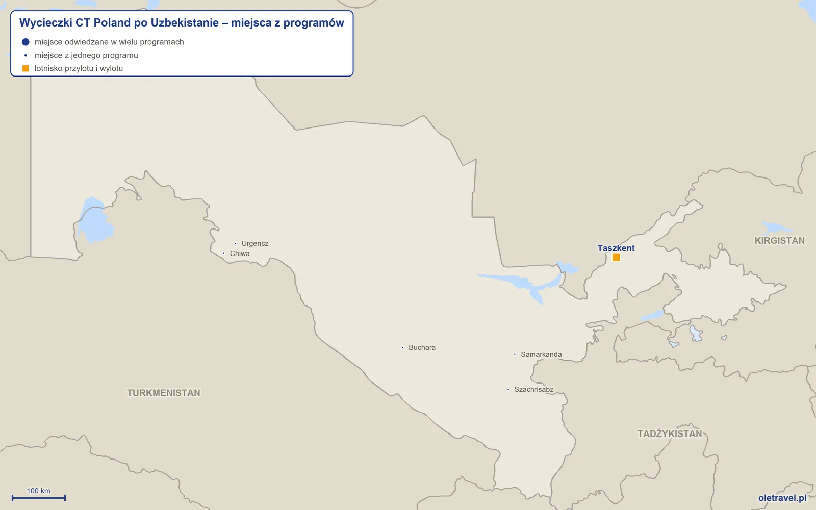 Mapa: Uzbekistan z miejscami z programów wycieczek objazdowych CT Poland