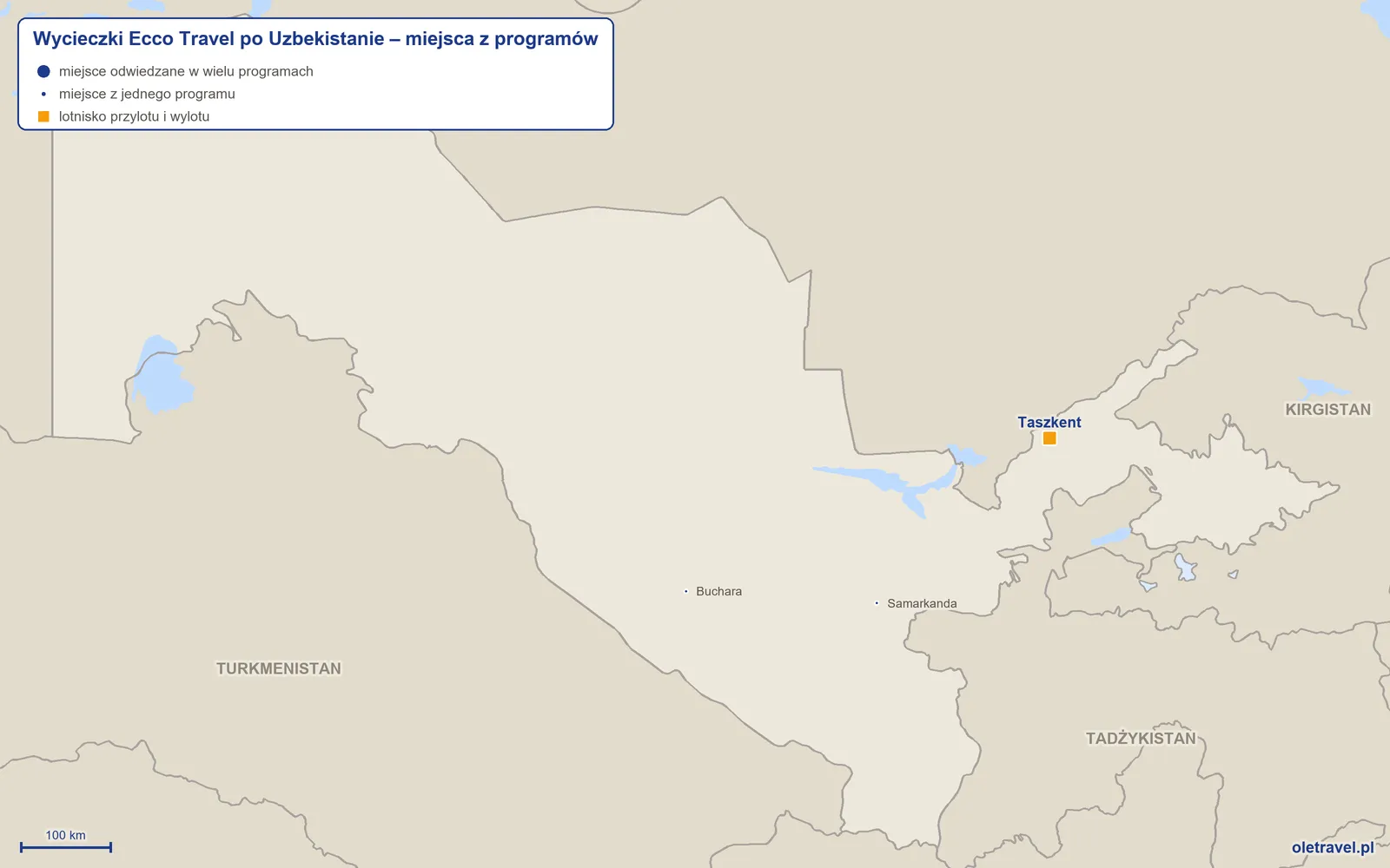 Mapa: Uzbekistan z miejscami z programów wycieczek objazdowych Ecco Travel