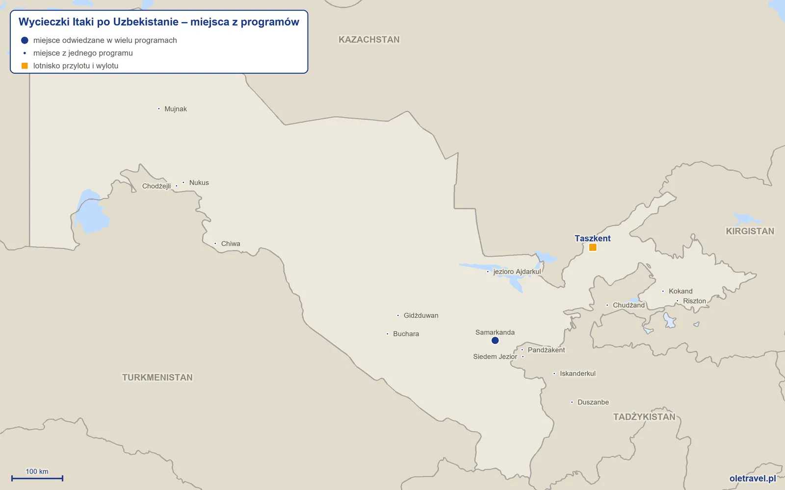 Mapa: Uzbekistan z miejscami z programów wycieczek objazdowych Itaki