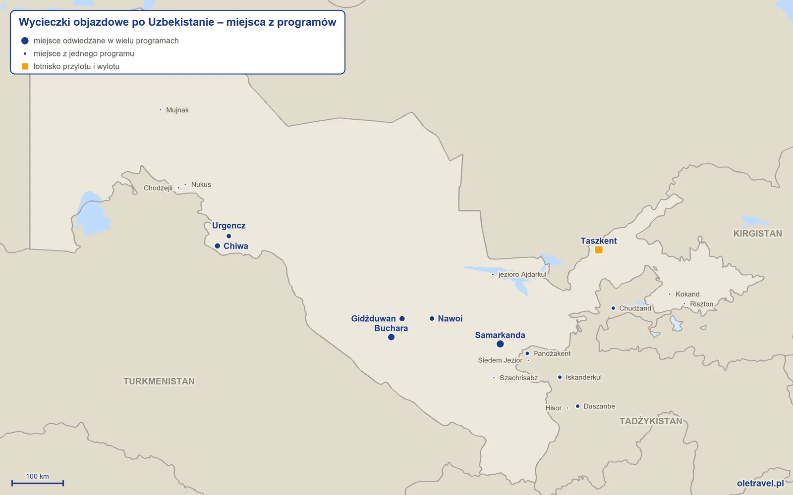 Mapa: Uzbekistan z miejscami odwiedzanymi na wycieczkach objazdowych z naszej oferty