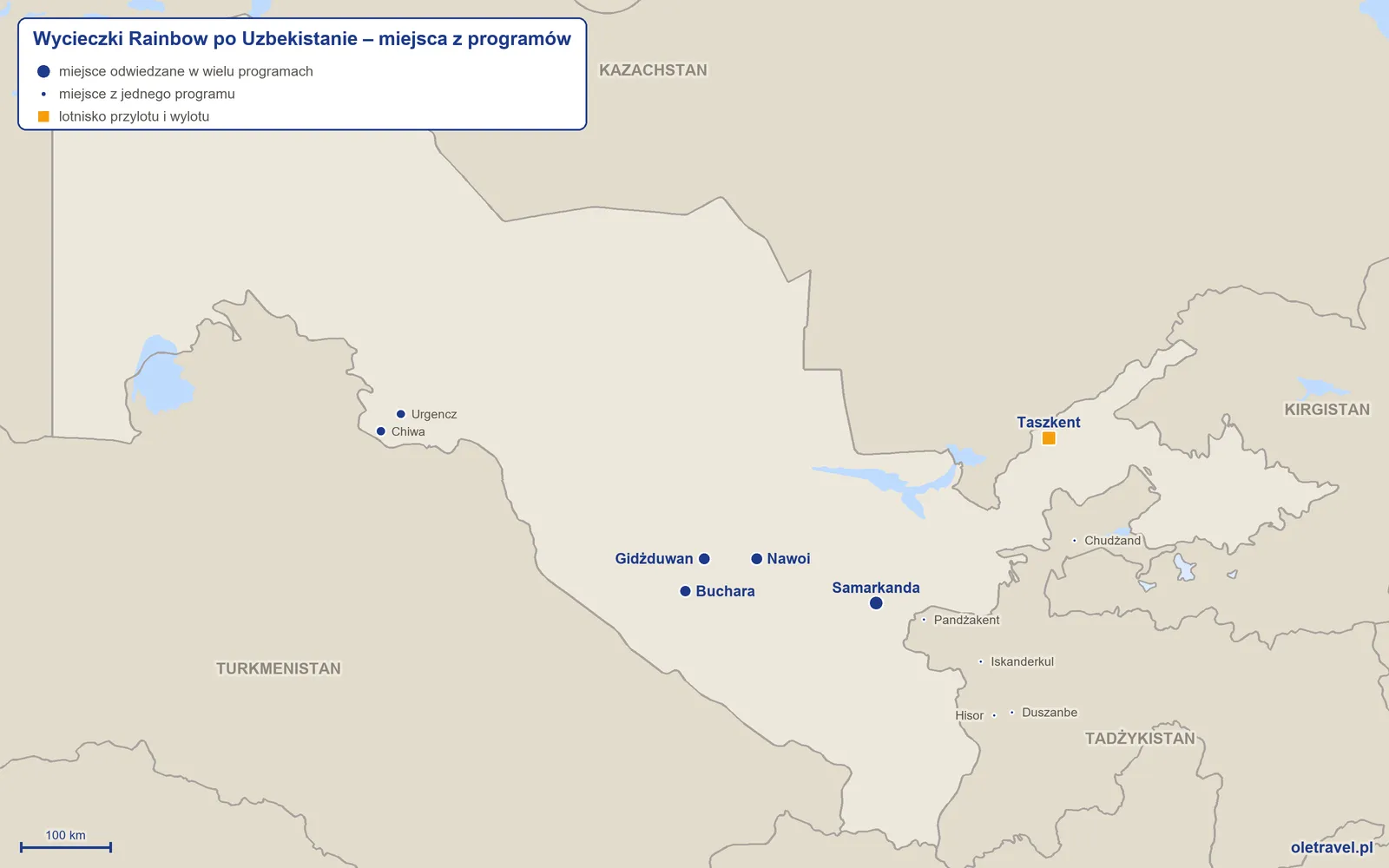 Mapa: Uzbekistan z miejscami z programów wycieczek objazdowych Rainbow