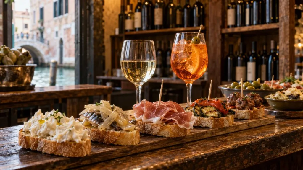 cicchetti na barze weneckiego bacaro: baccalà mantecato, sarde in saor, prosciutto, polpette, kieliszek wina i spritz