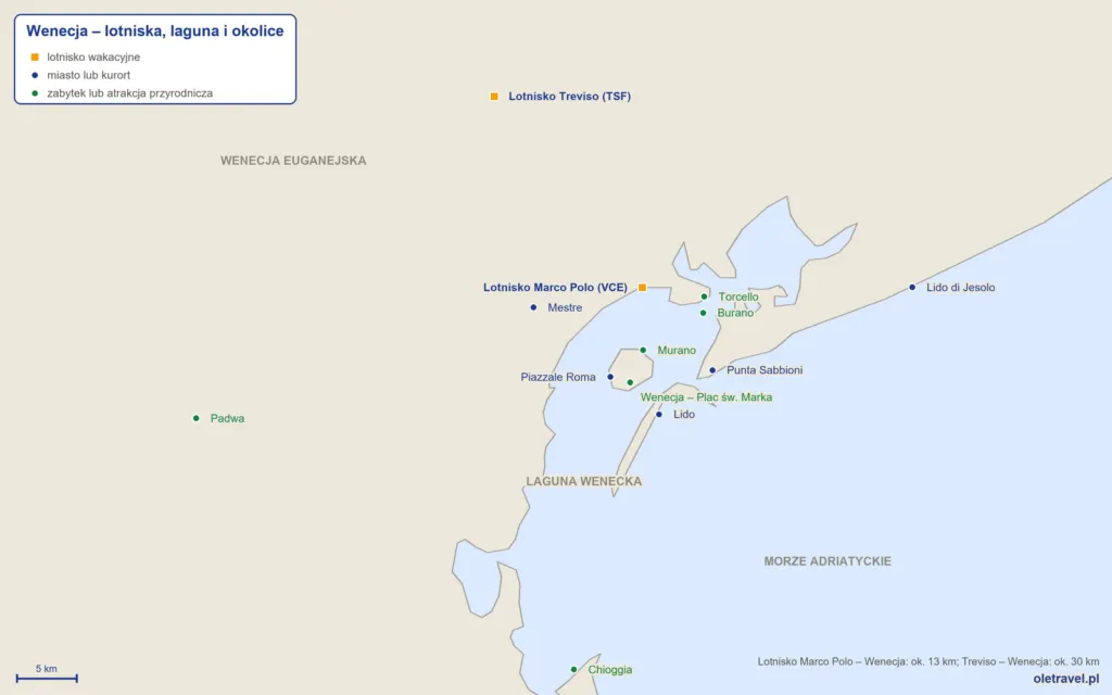 mapa okolic Wenecji: lotniska Marco Polo i Treviso, Piazzale Roma, Mestre, wyspy Murano, Burano i Lido