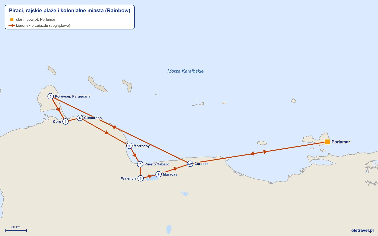 Mapa trasy wycieczki „Piraci, rajskie plaże i kolonialne miasta” z Rainbow: Porlamar – Caracas – Półwysep Paraguaná – Coro – Cumarebo – Morrocoy – Puerto Cabello – Walencja – Maracay – Caracas – Porlamar