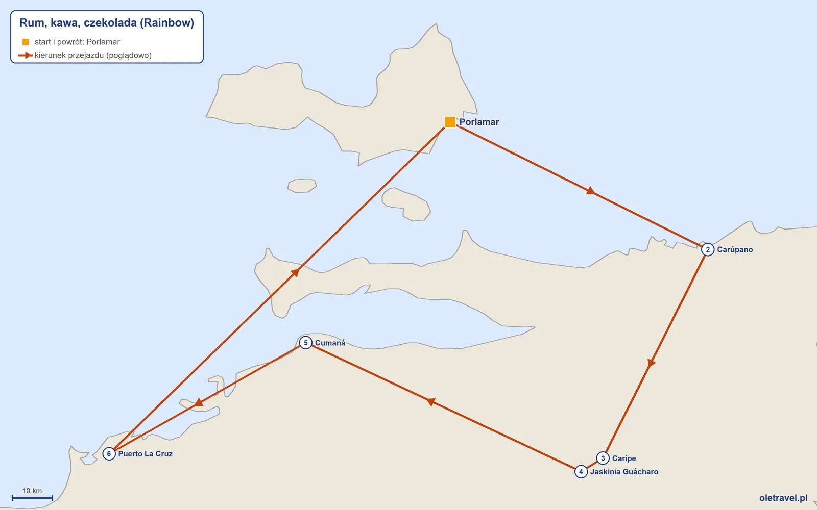 Mapa trasy wycieczki „Rum, kawa, czekolada” z Rainbow: Porlamar – Carúpano – Caripe – Jaskinia Guácharo – Cumaná – Puerto La Cruz – Porlamar