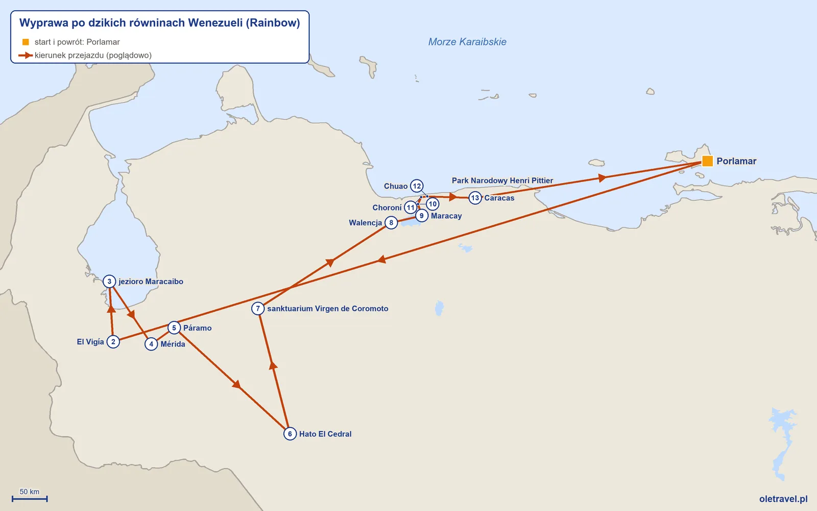 Mapa trasy wycieczki „Wyprawa po dzikich równinach Wenezueli” z Rainbow: Porlamar – El Vigía – jezioro Maracaibo – Mérida – Páramo – Hato El Cedral – sanktuarium Virgen de Coromoto – Walencja – Maracay – Park Narodowy Henri Pittier – Choroní – Chuao – Caracas – Porlamar