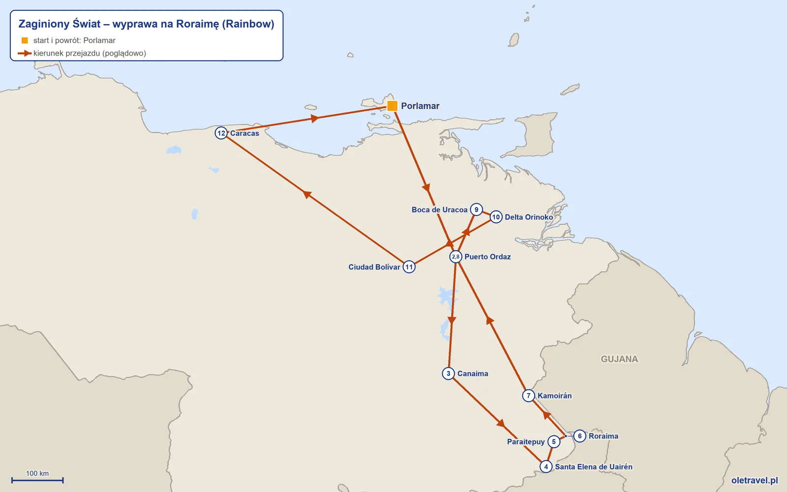 Mapa trasy wycieczki „Zaginiony Świat – wyprawa na Roraimę” z Rainbow: Porlamar – Puerto Ordaz – Canaima – Santa Elena de Uairén – Paraitepuy – Roraima – Kamoirán – Puerto Ordaz – Boca de Uracoa – Delta Orinoko – Ciudad Bolívar – Caracas – Porlamar