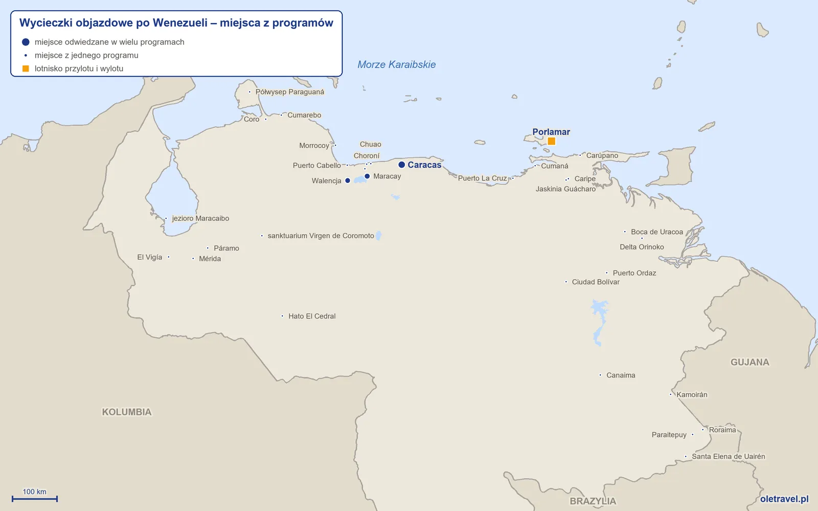 Mapa: Wenezuela z miejscami odwiedzanymi na wycieczkach objazdowych z naszej oferty