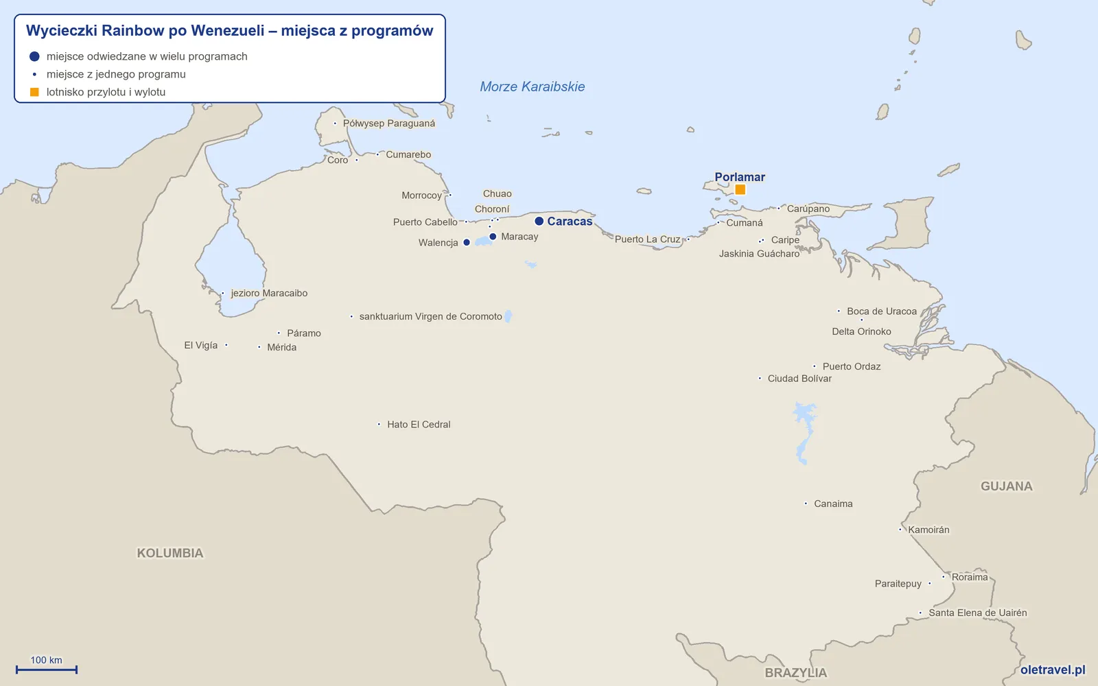 Mapa: Wenezuela z miejscami z programów wycieczek objazdowych Rainbow