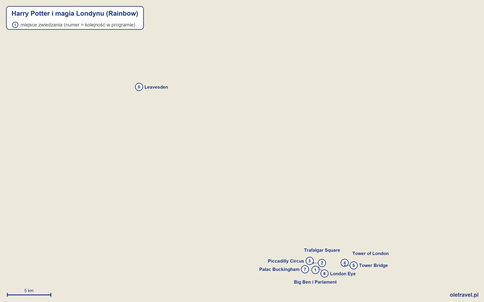 Mapa miejsc zwiedzanych na wycieczce „Harry Potter i magia Londynu” z Rainbow