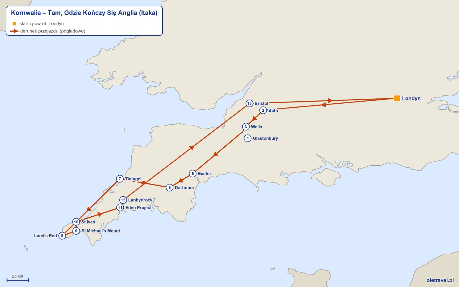 Mapa trasy wycieczki „Kornwalia – Tam, Gdzie Kończy Się Anglia” z Itaką: Londyn – Bath – Wells – Glastonbury – Exeter – Dartmoor – Tintagel – Land's End – St Michael's Mount – St Ives – Eden Project – Lanhydrock – Bristol – Londyn