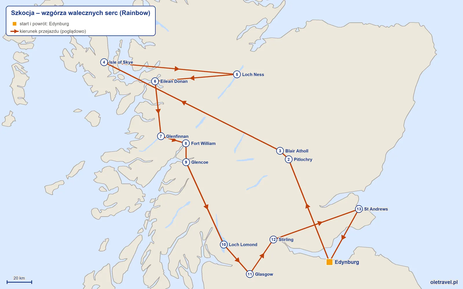 Mapa trasy wycieczki „Szkocja – wzgórza walecznych serc” z Rainbow: Edynburg – Pitlochry – Blair Atholl – Isle of Skye – Loch Ness – Eilean Donan – Glenfinnan – Fort William – Glencoe – Loch Lomond – Glasgow – Stirling – St Andrews – Edynburg