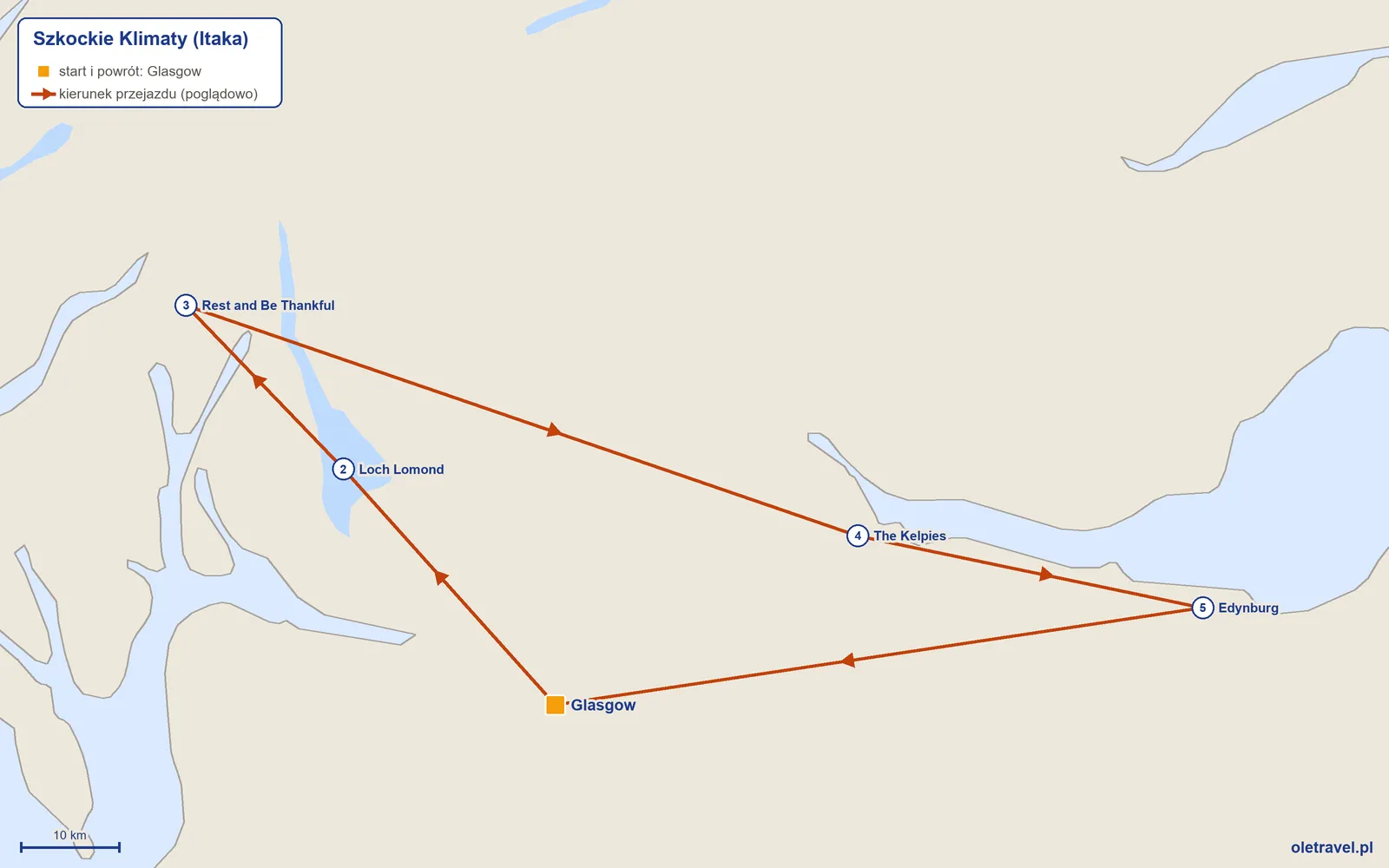 Mapa trasy wycieczki „Szkockie Klimaty” z Itaką: Glasgow – Loch Lomond – Rest and Be Thankful – The Kelpies – Edynburg – Glasgow