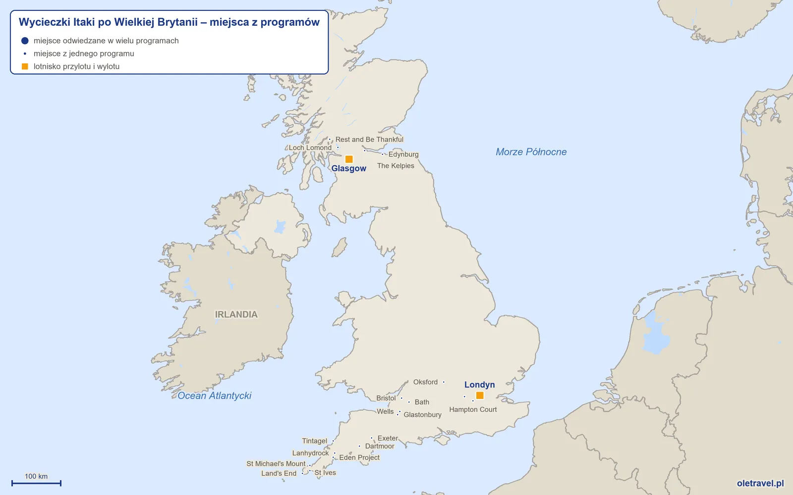 Mapa: Wielka Brytania z miejscami z programów wycieczek objazdowych Itaki