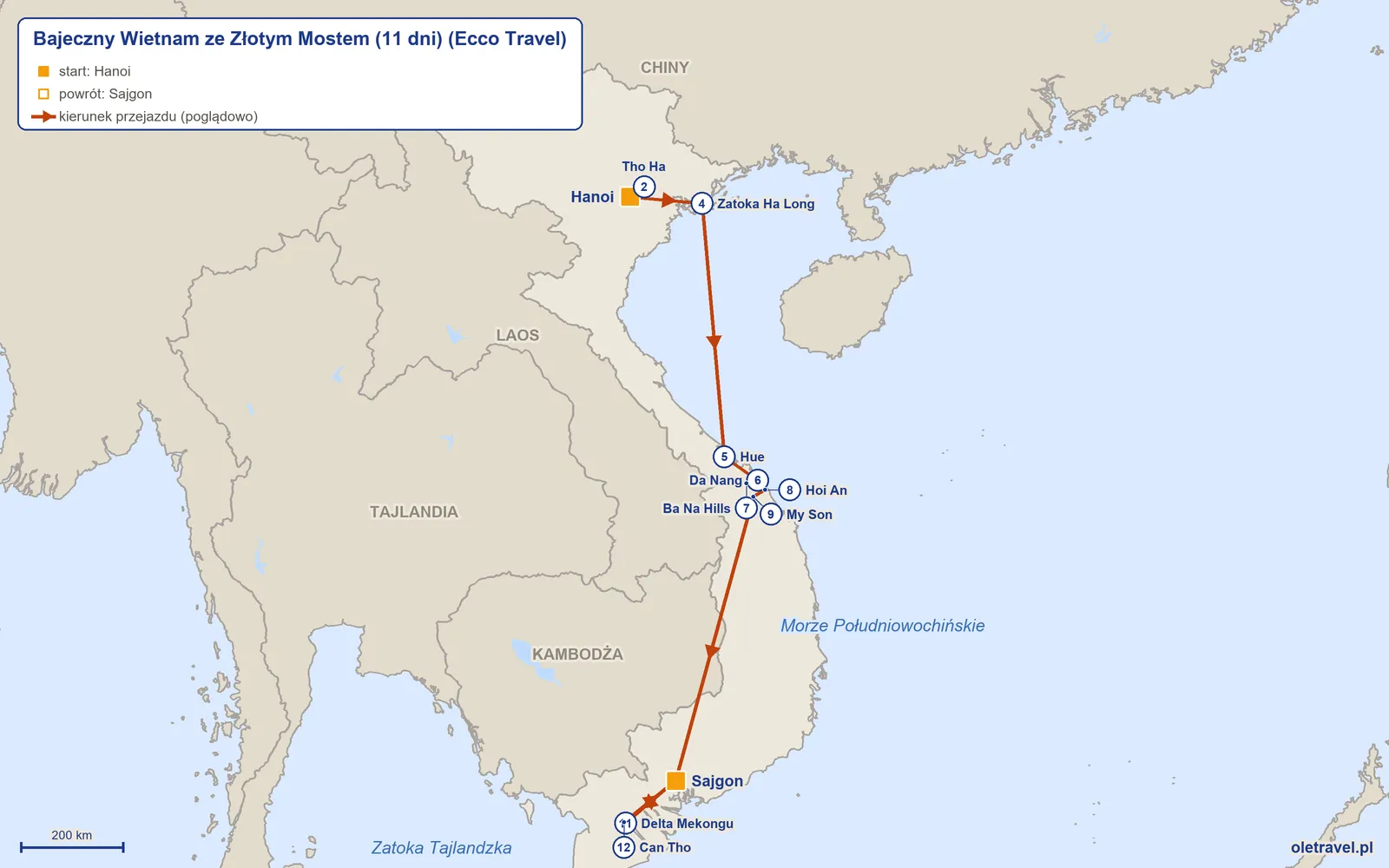 Mapa trasy wycieczki „Bajeczny Wietnam ze Złotym Mostem (11 dni)” z Ecco Travel: Hanoi – Tho Ha – Hanoi – Zatoka Ha Long – Hue – Da Nang – Ba Na Hills – Hoi An – My Son – Sajgon – Delta Mekongu – Can Tho – Sajgon