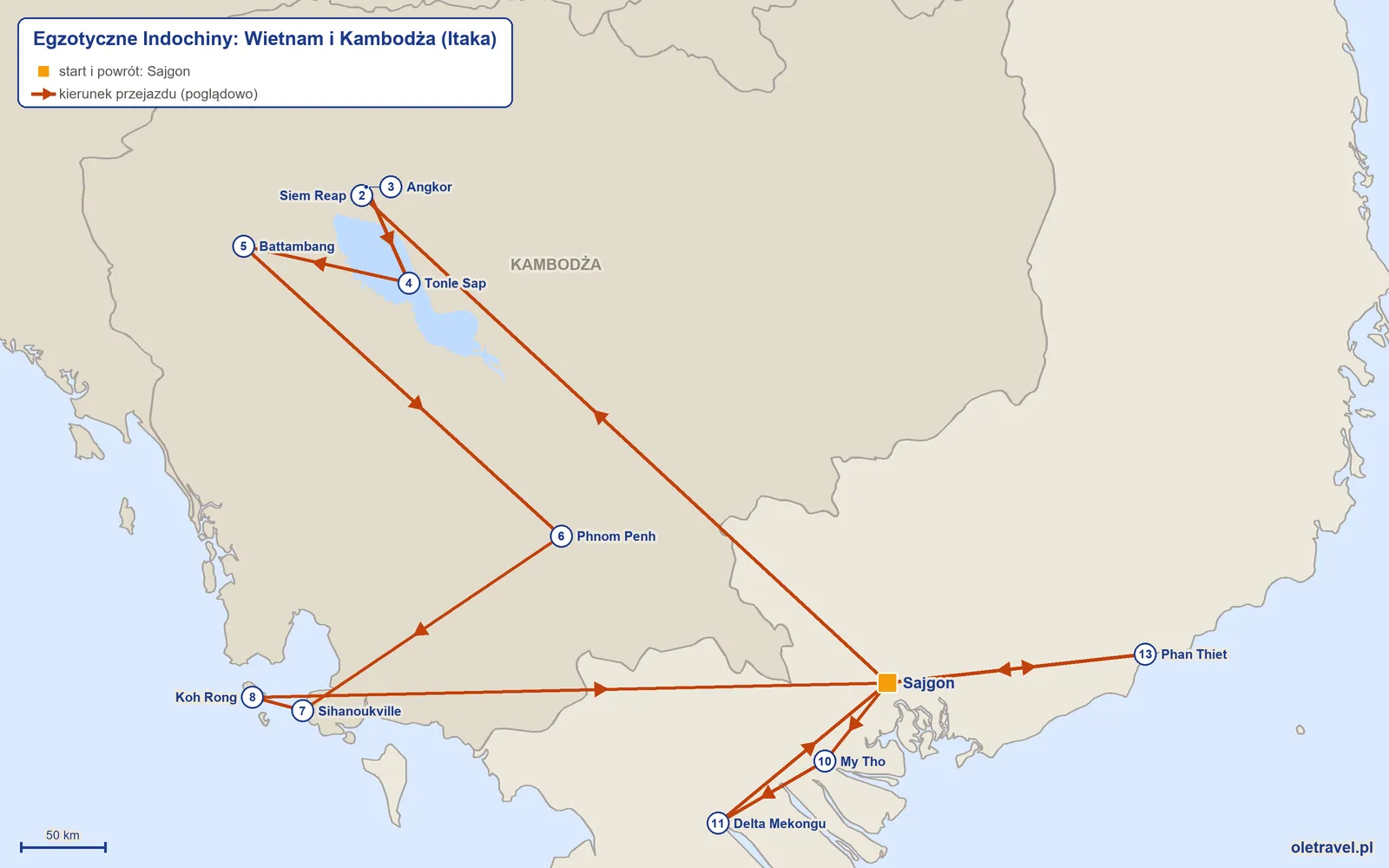 Mapa trasy wycieczki „Egzotyczne Indochiny: Wietnam i Kambodża” z Itaką: Sajgon – Siem Reap – Angkor – Tonle Sap – Battambang – Phnom Penh – Sihanoukville – Koh Rong – Sajgon – My Tho – Delta Mekongu – Sajgon – Phan Thiet – Sajgon