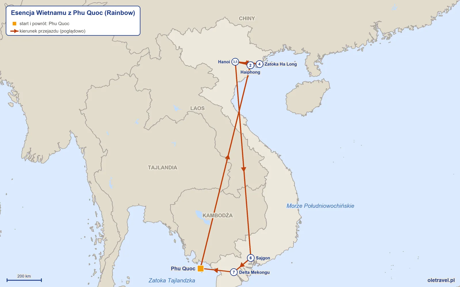 Mapa trasy wycieczki „Esencja Wietnamu z Phu Quoc” z Rainbow: Phu Quoc – Haiphong – Hanoi – Zatoka Ha Long – Hanoi – Sajgon – Delta Mekongu – Phu Quoc