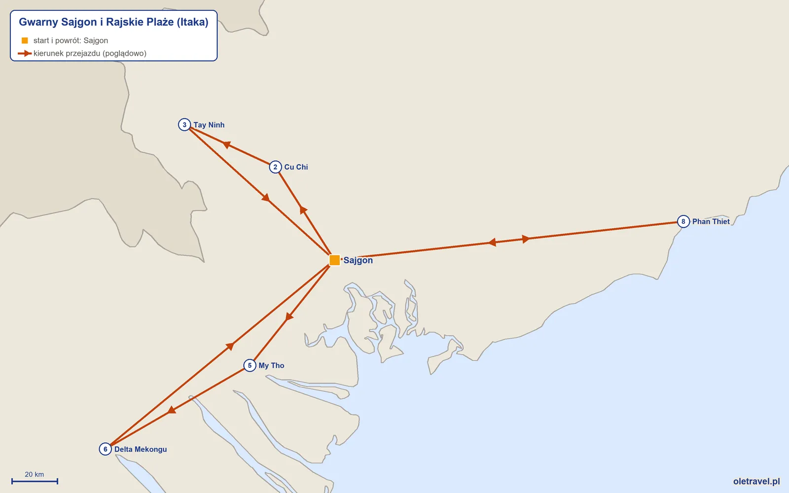 Mapa trasy wycieczki „Gwarny Sajgon i Rajskie Plaże” z Itaką: Sajgon – Cu Chi – Tay Ninh – Sajgon – My Tho – Delta Mekongu – Sajgon – Phan Thiet – Sajgon