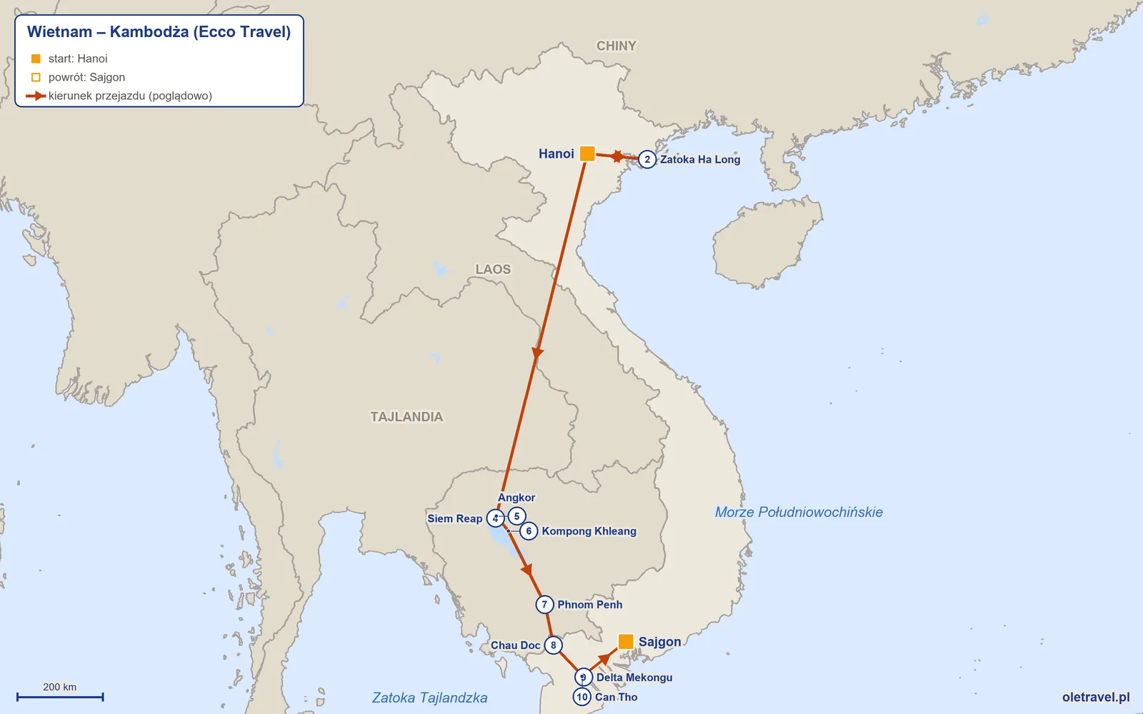 Mapa trasy wycieczki „Wietnam – Kambodża” z Ecco Travel: Hanoi – Zatoka Ha Long – Hanoi – Siem Reap – Angkor – Kompong Khleang – Phnom Penh – Chau Doc – Delta Mekongu – Can Tho – Sajgon
