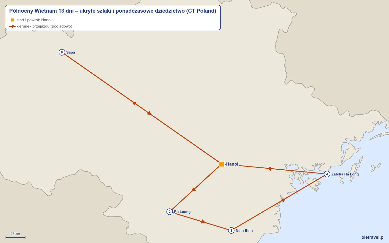Mapa trasy wycieczki „Północny Wietnam 13 dni – ukryte szlaki i ponadczasowe dziedzictwo” z CT Poland: Hanoi – Pu Luong – Ninh Binh – Zatoka Ha Long – Hanoi – Sapa – Hanoi