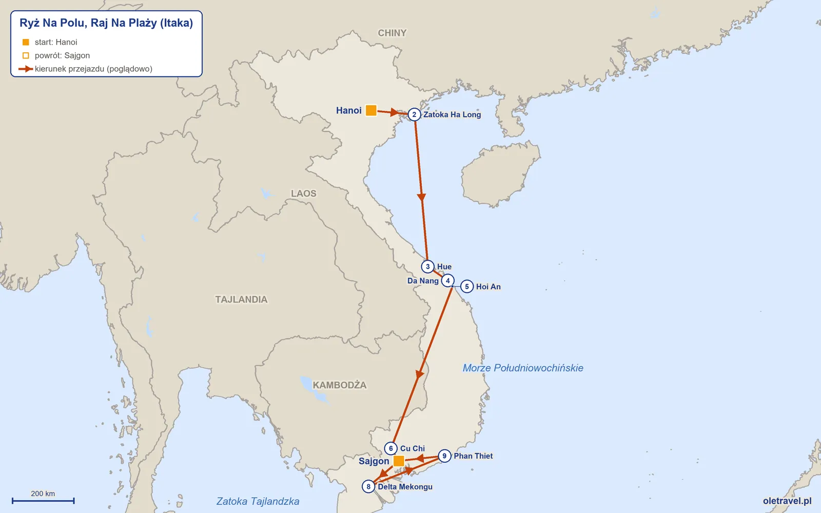 Mapa trasy wycieczki „Ryż Na Polu, Raj Na Plaży” z Itaką: Hanoi – Zatoka Ha Long – Hue – Da Nang – Hoi An – Cu Chi – Sajgon – Delta Mekongu – Phan Thiet – Sajgon