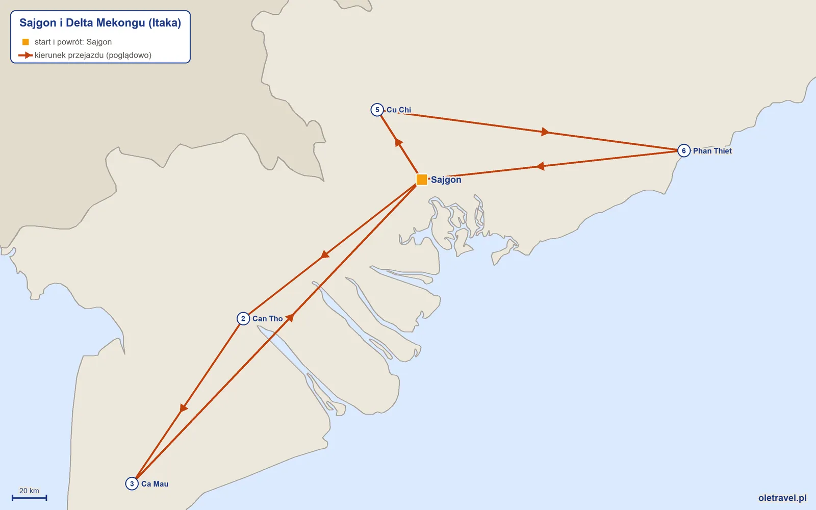 Mapa trasy wycieczki „Sajgon i Delta Mekongu” z Itaką: Sajgon – Can Tho – Ca Mau – Sajgon – Cu Chi – Phan Thiet – Sajgon