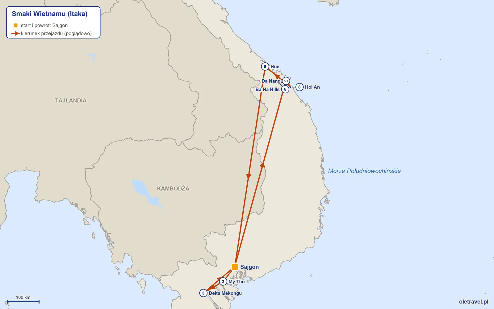 Mapa trasy wycieczki „Smaki Wietnamu” z Itaką: Sajgon – My Tho – Delta Mekongu – Sajgon – Da Nang – Ba Na Hills – Da Nang – Hoi An – Hue – Sajgon