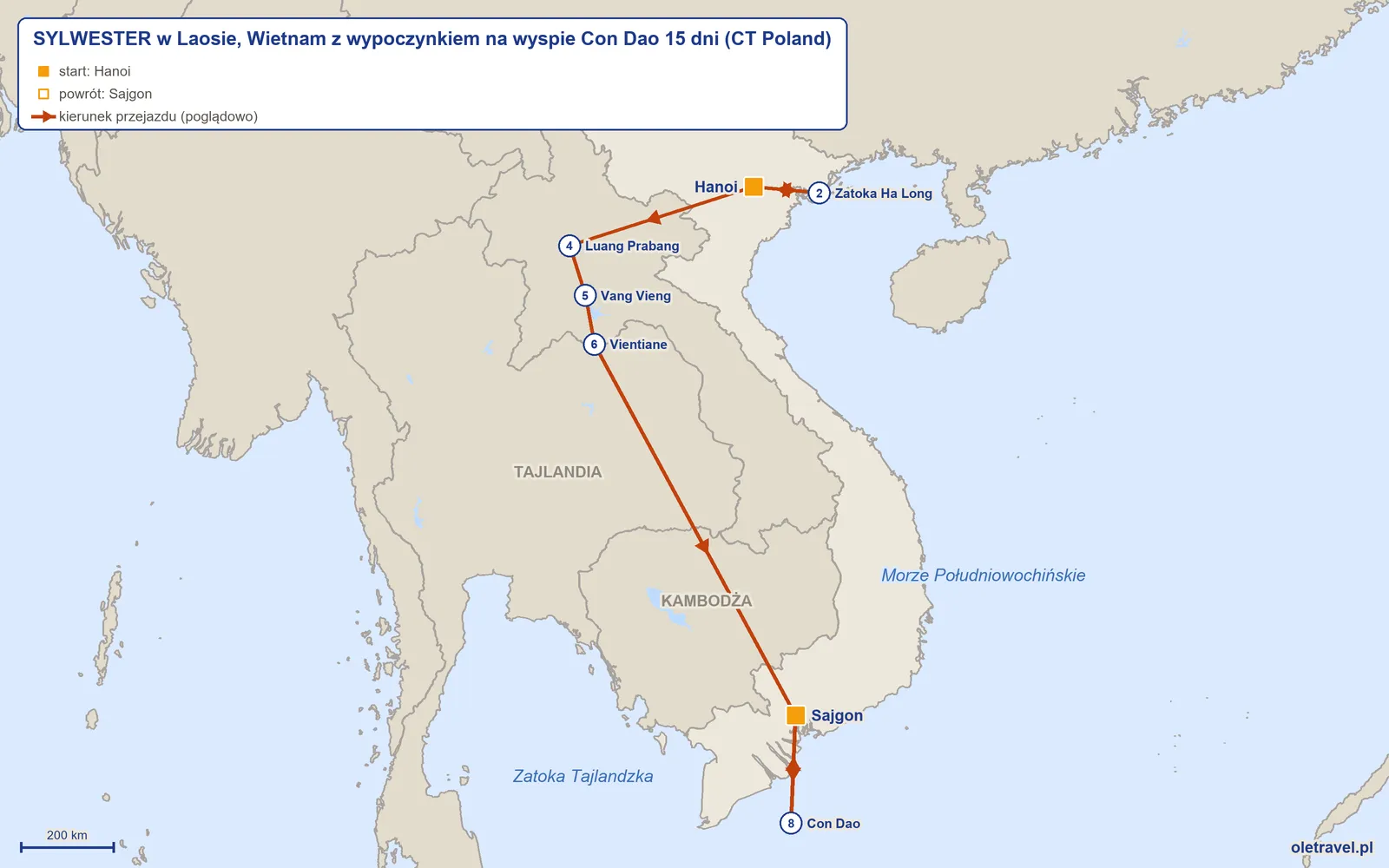 Mapa trasy wycieczki „SYLWESTER w Laosie, Wietnam z wypoczynkiem na wyspie Con Dao 15 dni” z CT Poland: Hanoi – Zatoka Ha Long – Hanoi – Luang Prabang – Vang Vieng – Vientiane – Sajgon – Con Dao – Sajgon