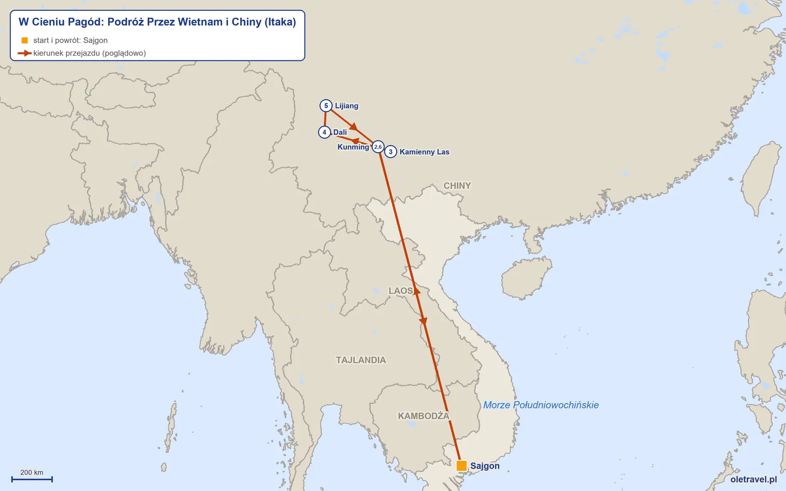 Mapa trasy wycieczki „W Cieniu Pagód: Podróż Przez Wietnam i Chiny” z Itaką: Sajgon – Kunming – Kamienny Las – Dali – Lijiang – Kunming – Sajgon