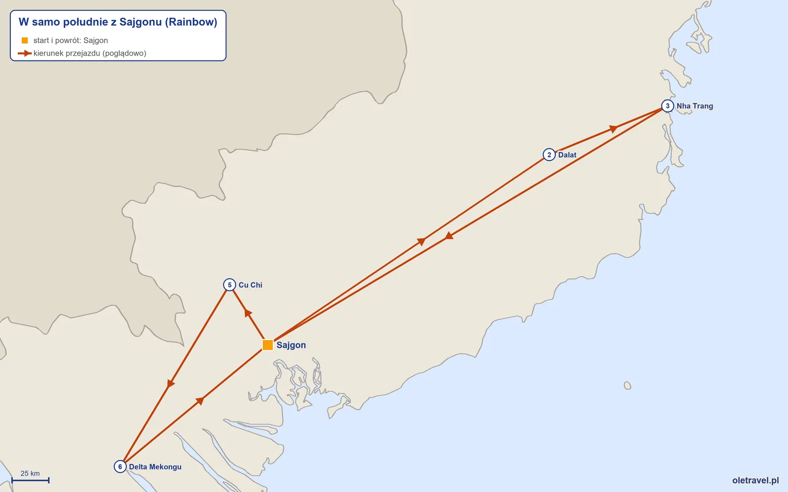 Mapa trasy wycieczki „W samo południe z Sajgonu” z Rainbow: Sajgon – Dalat – Nha Trang – Sajgon – Cu Chi – Delta Mekongu – Sajgon