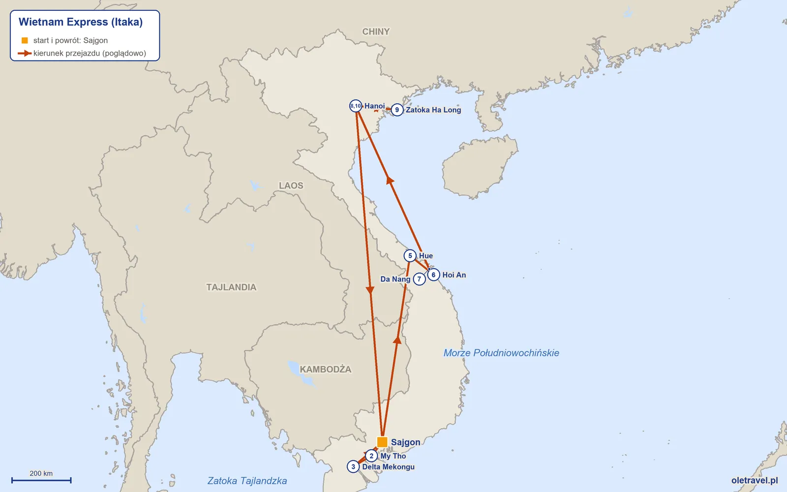 Mapa trasy wycieczki „Wietnam Express” z Itaką: Sajgon – My Tho – Delta Mekongu – Sajgon – Hue – Hoi An – Da Nang – Hanoi – Zatoka Ha Long – Hanoi – Sajgon