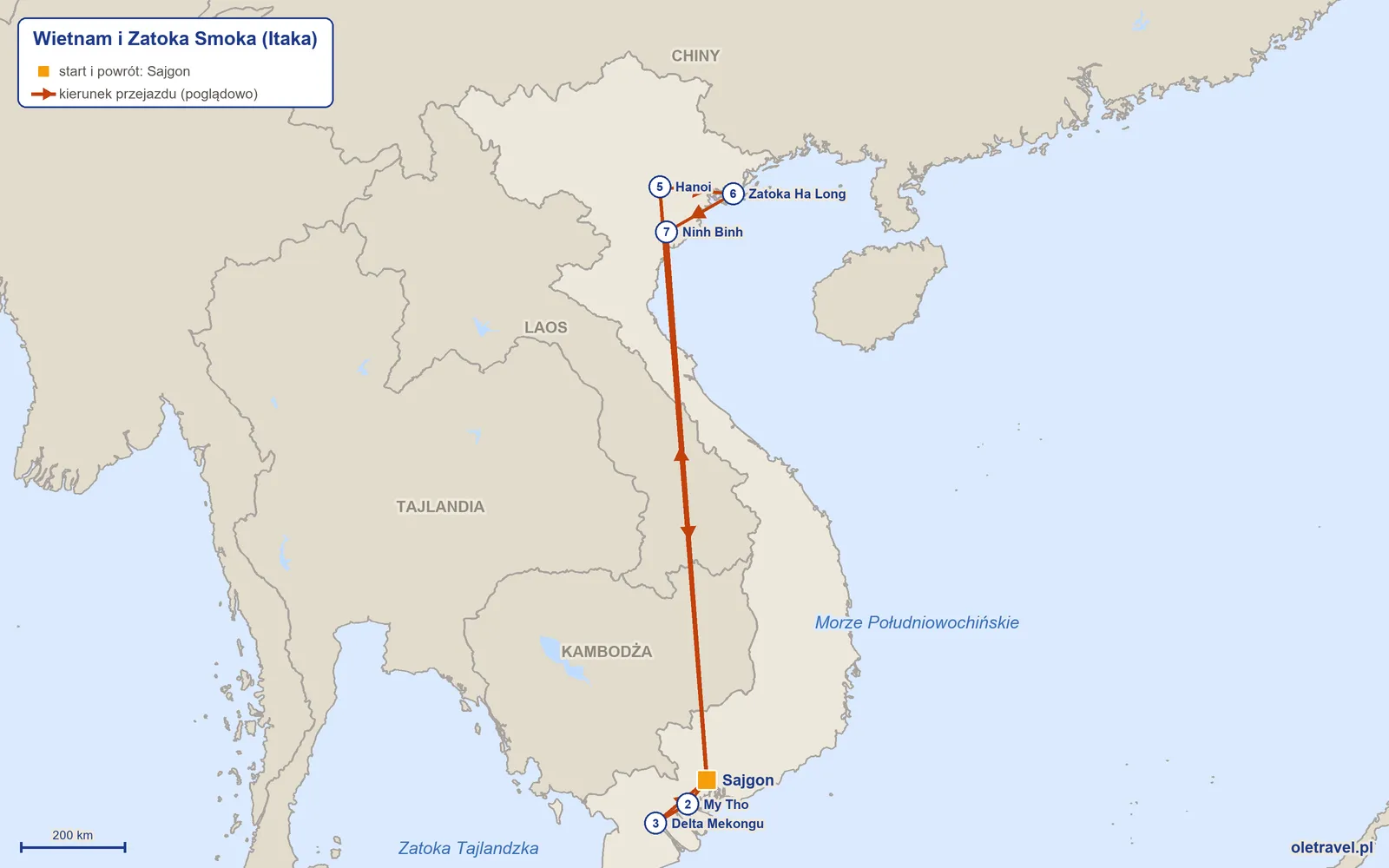 Mapa trasy wycieczki „Wietnam i Zatoka Smoka” z Itaką: Sajgon – My Tho – Delta Mekongu – Sajgon – Hanoi – Zatoka Ha Long – Ninh Binh – Sajgon