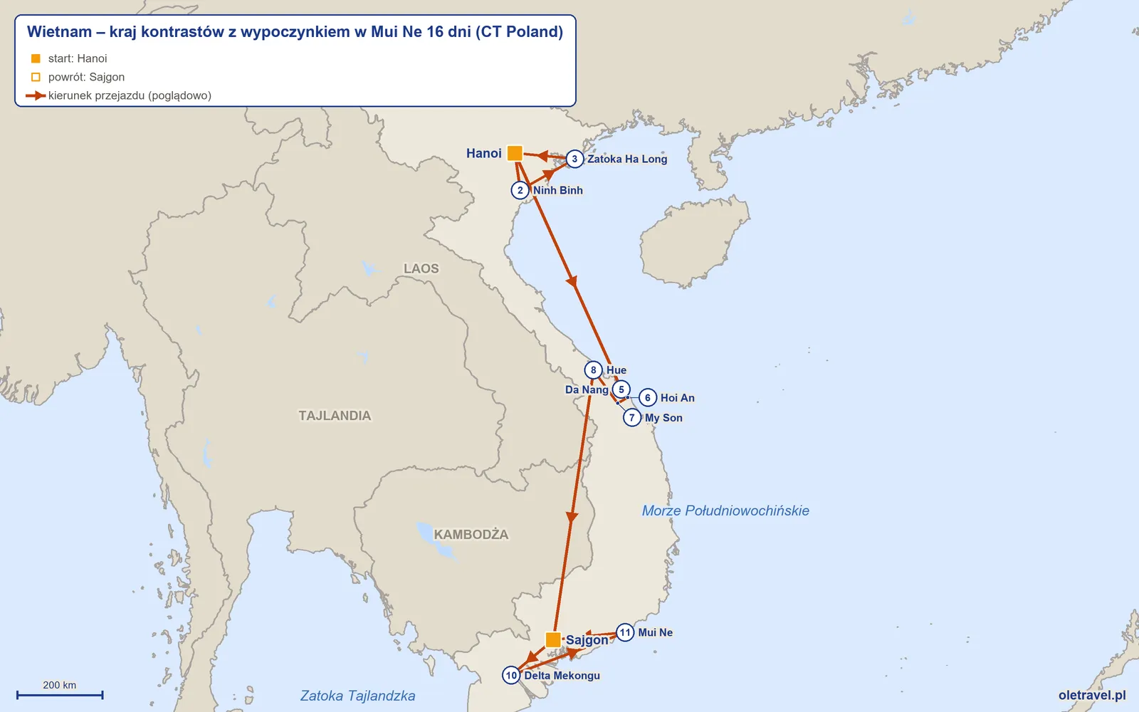 Mapa trasy wycieczki „Wietnam – kraj kontrastów z wypoczynkiem w Mui Ne 16 dni” z CT Poland: Hanoi – Ninh Binh – Zatoka Ha Long – Hanoi – Da Nang – Hoi An – My Son – Hue – Sajgon – Delta Mekongu – Mui Ne – Sajgon