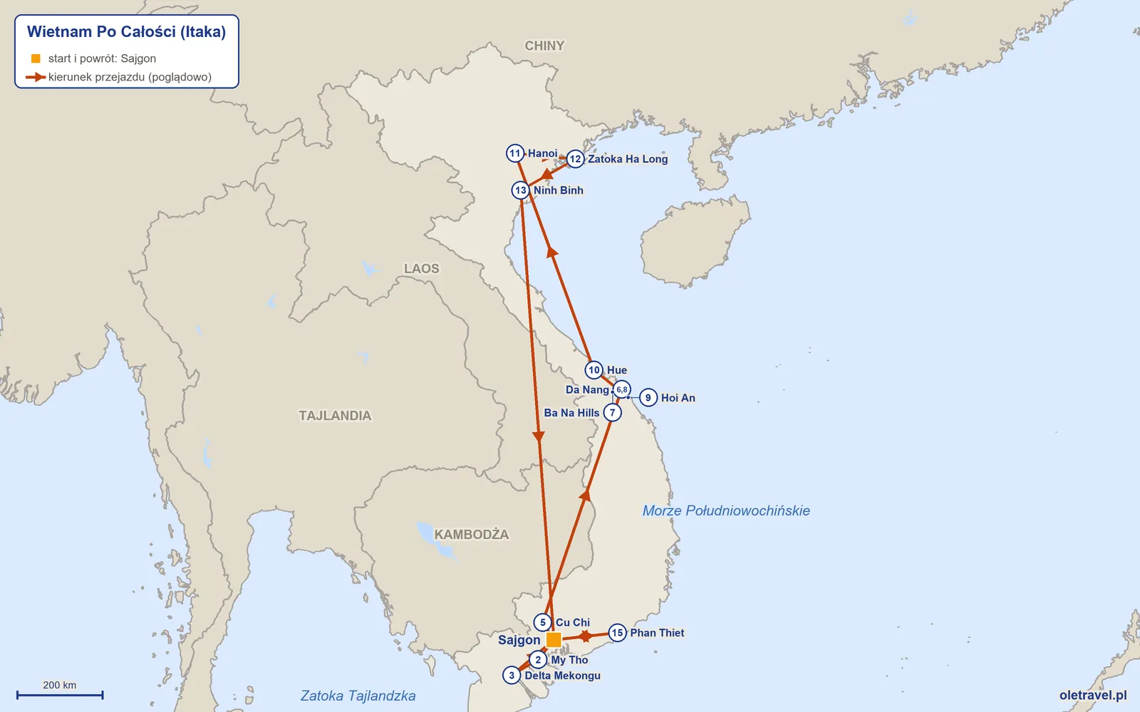 Mapa trasy wycieczki „Wietnam Po Całości” z Itaką: Sajgon – My Tho – Delta Mekongu – Sajgon – Cu Chi – Da Nang – Ba Na Hills – Da Nang – Hoi An – Hue – Hanoi – Zatoka Ha Long – Ninh Binh – Sajgon – Phan Thiet – Sajgon