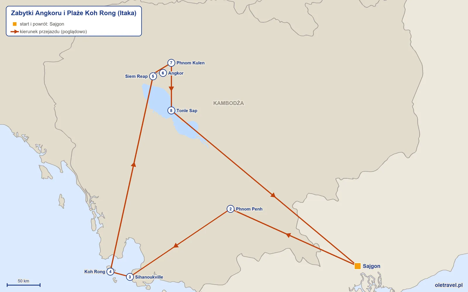Mapa trasy wycieczki „Zabytki Angkoru i Plaże Koh Rong” z Itaką: Sajgon – Phnom Penh – Sihanoukville – Koh Rong – Siem Reap – Angkor – Phnom Kulen – Tonle Sap – Sajgon