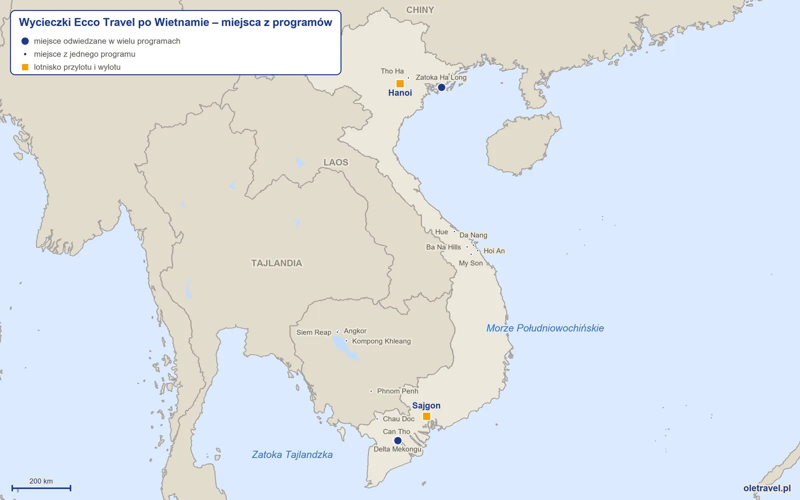 Mapa: Wietnam z miejscami z programów wycieczek objazdowych Ecco Travel