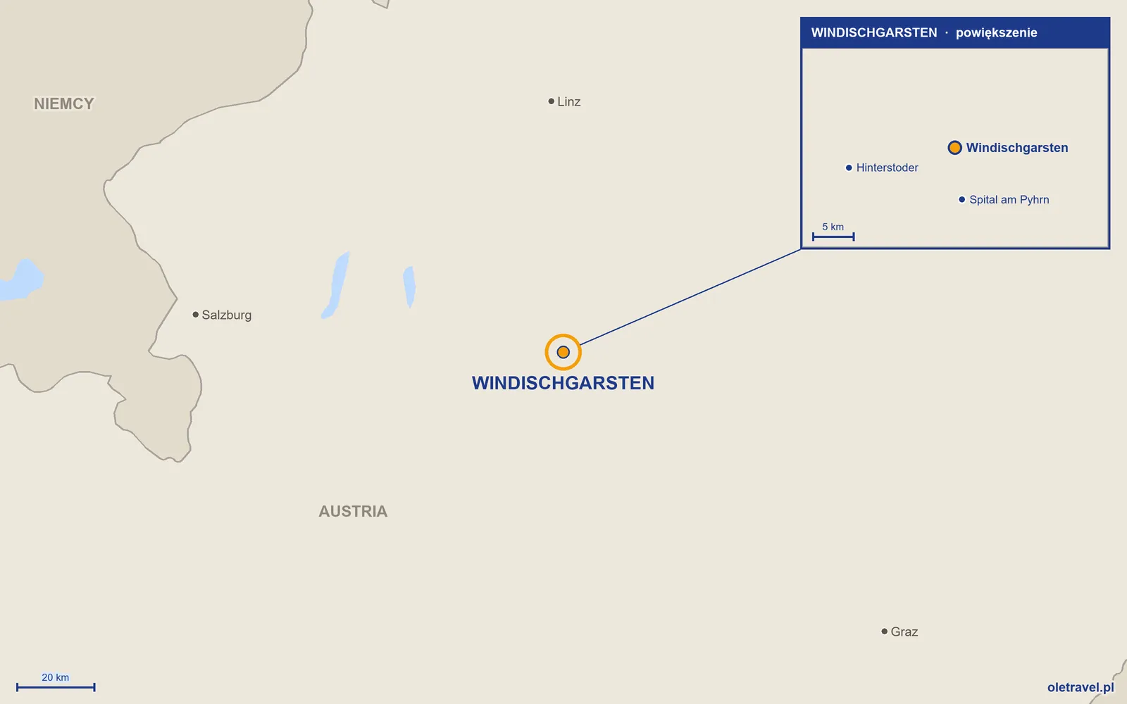 Mapa Austrii z zaznaczonym położeniem: Windischgarsten; w powiększeniu okolice z sąsiednimi miejscowościami