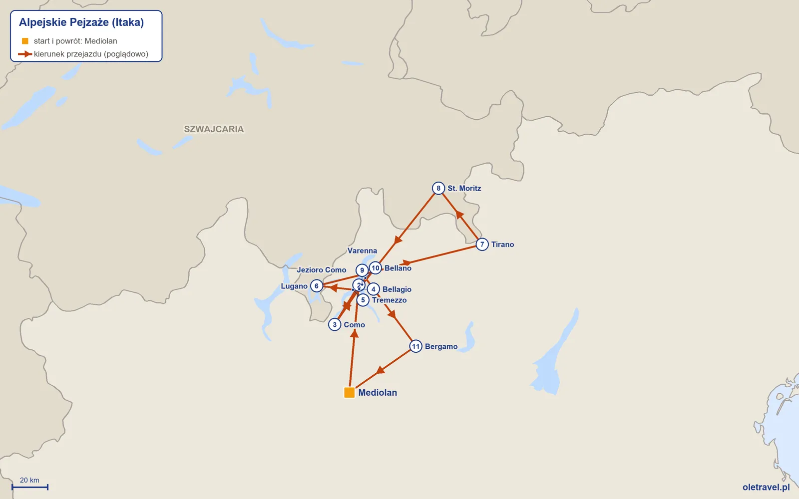 Mapa trasy wycieczki „Alpejskie Pejzaże” z Itaką: Mediolan – Jezioro Como – Como – Bellagio – Tremezzo – Lugano – Tirano – St. Moritz – Varenna – Bellano – Bergamo – Mediolan