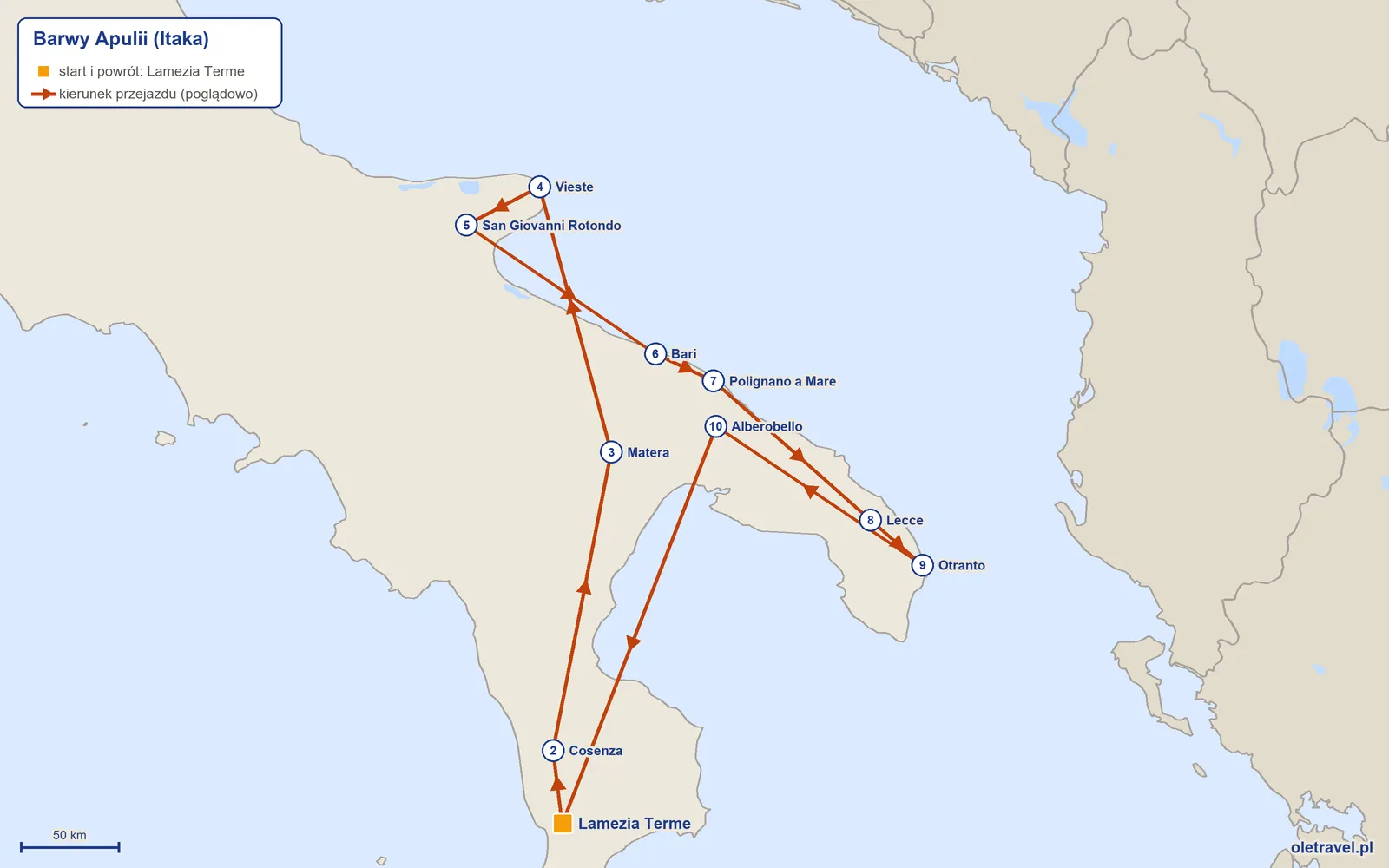 Mapa trasy wycieczki „Barwy Apulii” z Itaką: Lamezia Terme – Cosenza – Matera – Vieste – San Giovanni Rotondo – Bari – Polignano a Mare – Lecce – Otranto – Alberobello – Lamezia Terme