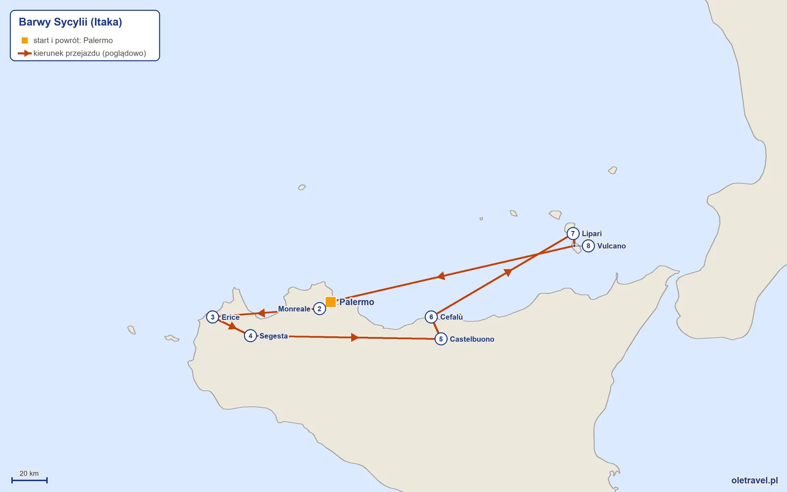 Mapa trasy wycieczki „Barwy Sycylii” z Itaką: Palermo – Monreale – Erice – Segesta – Castelbuono – Cefalù – Lipari – Vulcano – Palermo